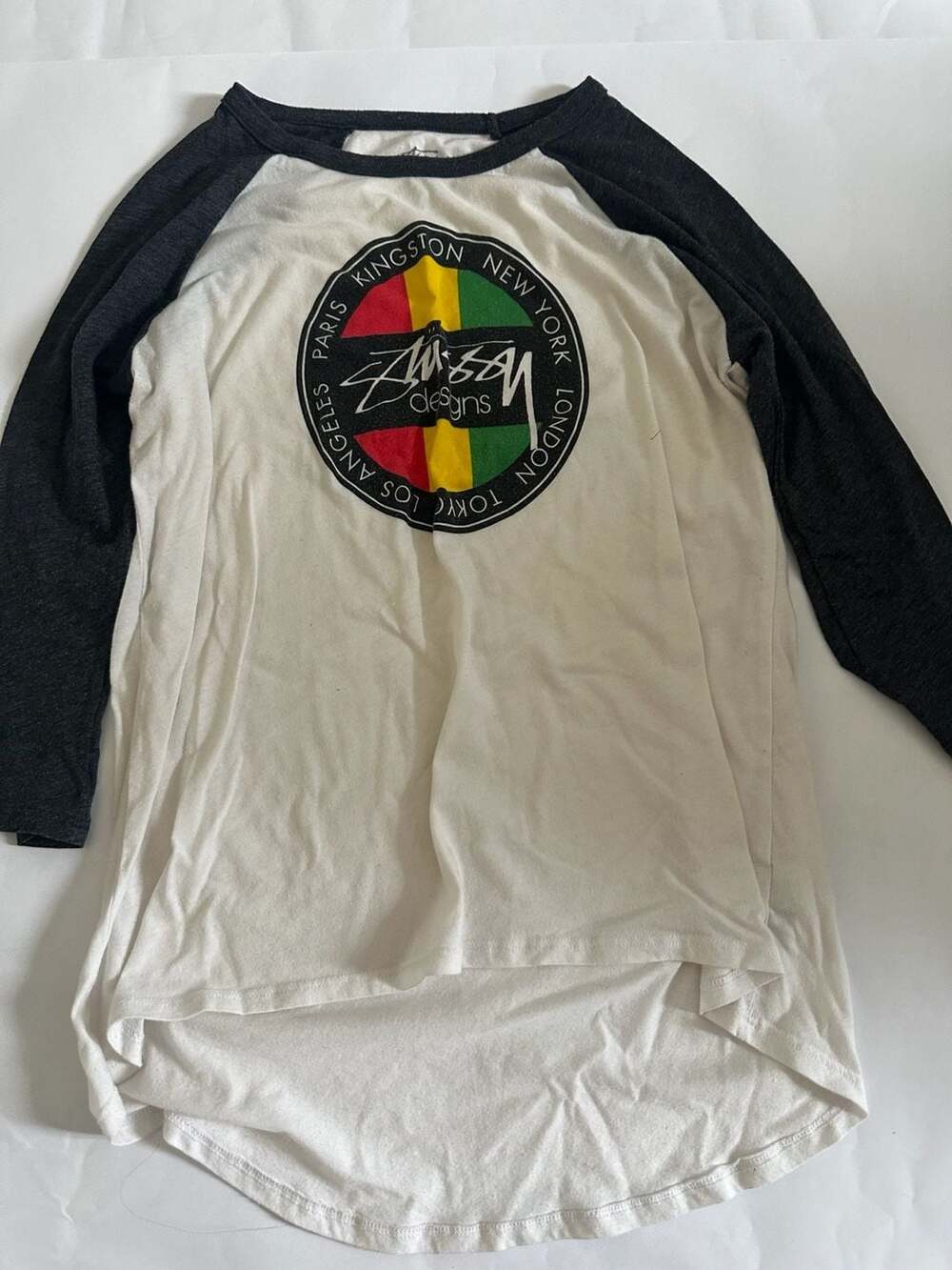 Stussy Raglan 3/4 Sleeve Baseball Tee Size Small White Black